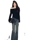Off-the-Shoulder Long Sleeve Asymmetric Casual  T-shirt